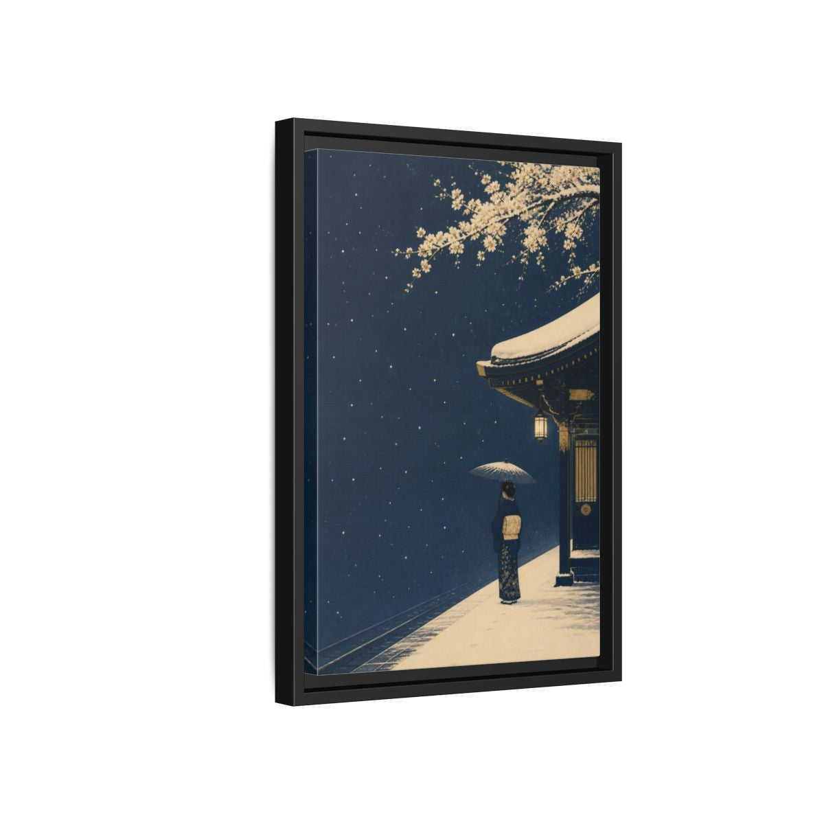 Side Mockup 6. Japanese Woman At Snowy Station shown as framed canvas print