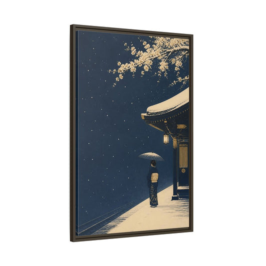 Main Mockup. Japanese Woman At Snowy Station shown as framed canvas print