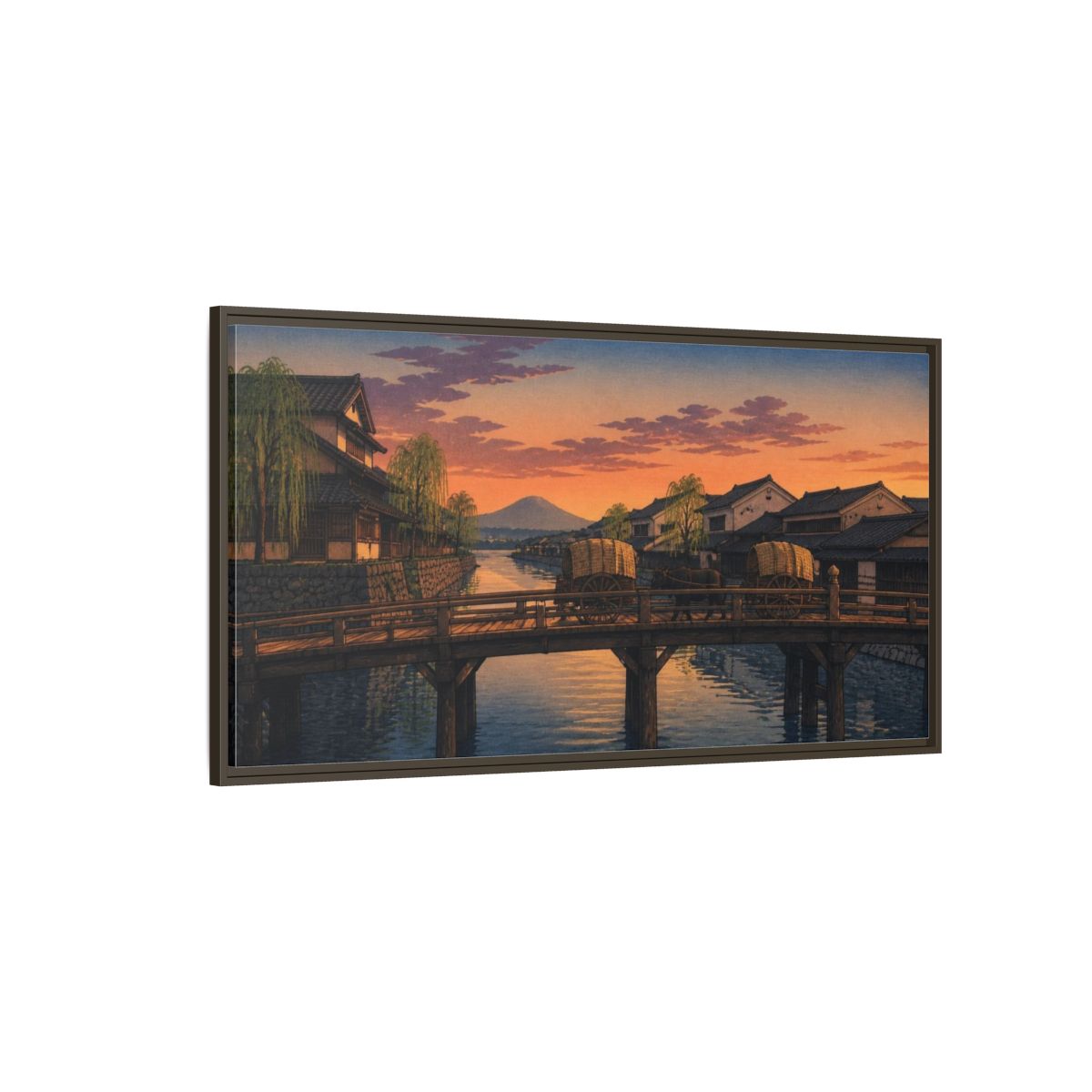 Side Mockup 4. Japanese Wooden Bridge At Dusk shown as framed canvas print