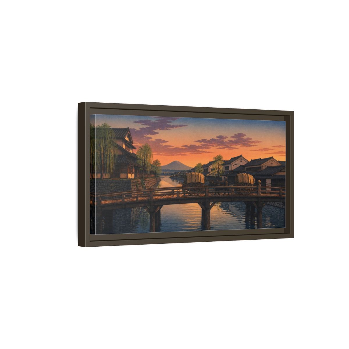 Side Mockup 7. Japanese Wooden Bridge At Dusk shown as framed canvas print