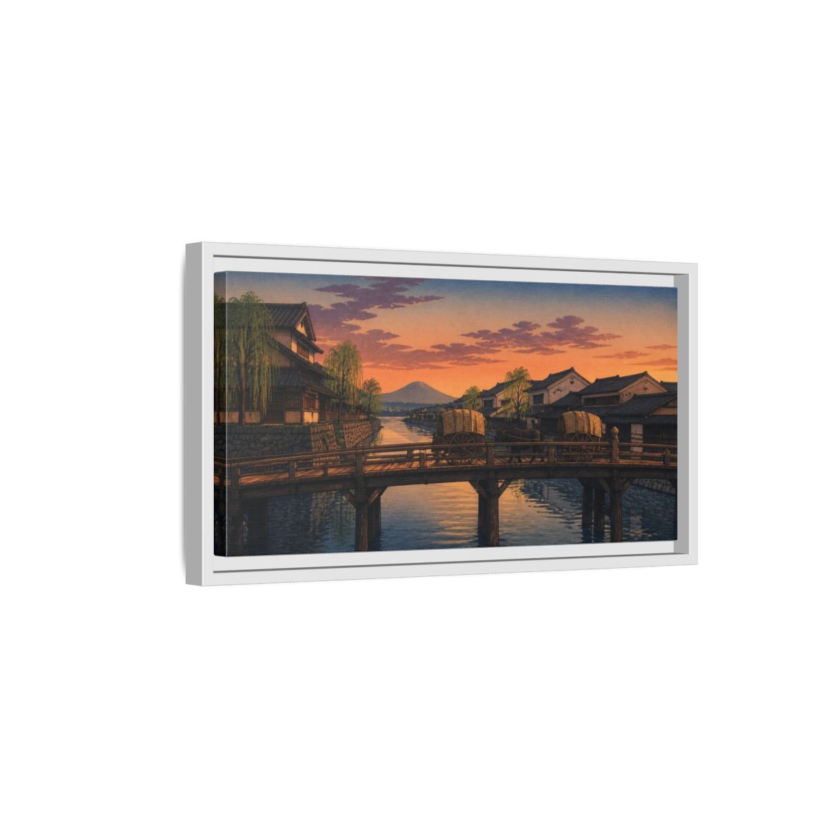 Side Mockup 6. Japanese Wooden Bridge At Dusk shown as framed canvas print