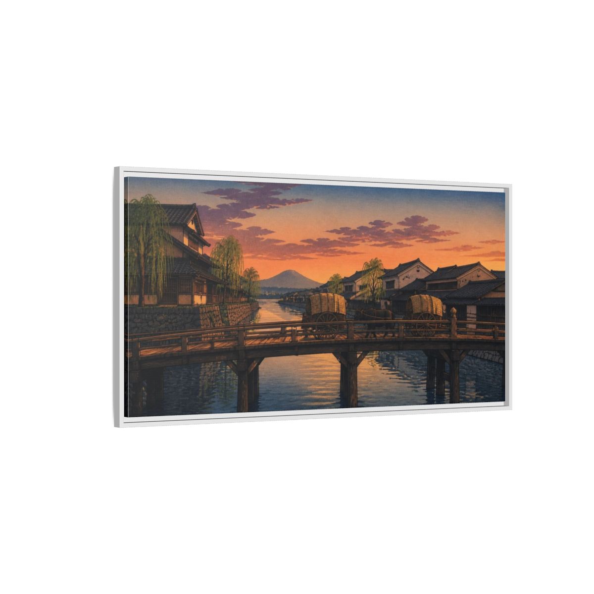 Side Mockup 3. Japanese Wooden Bridge At Dusk shown as framed canvas print