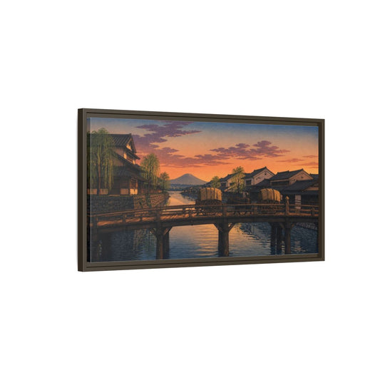 Main Mockup. Japanese Wooden Bridge At Dusk shown as framed canvas print