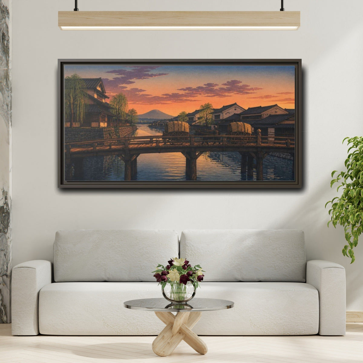 Mockup 2. Japanese Wooden Bridge At Dusk shown as framed canvas print