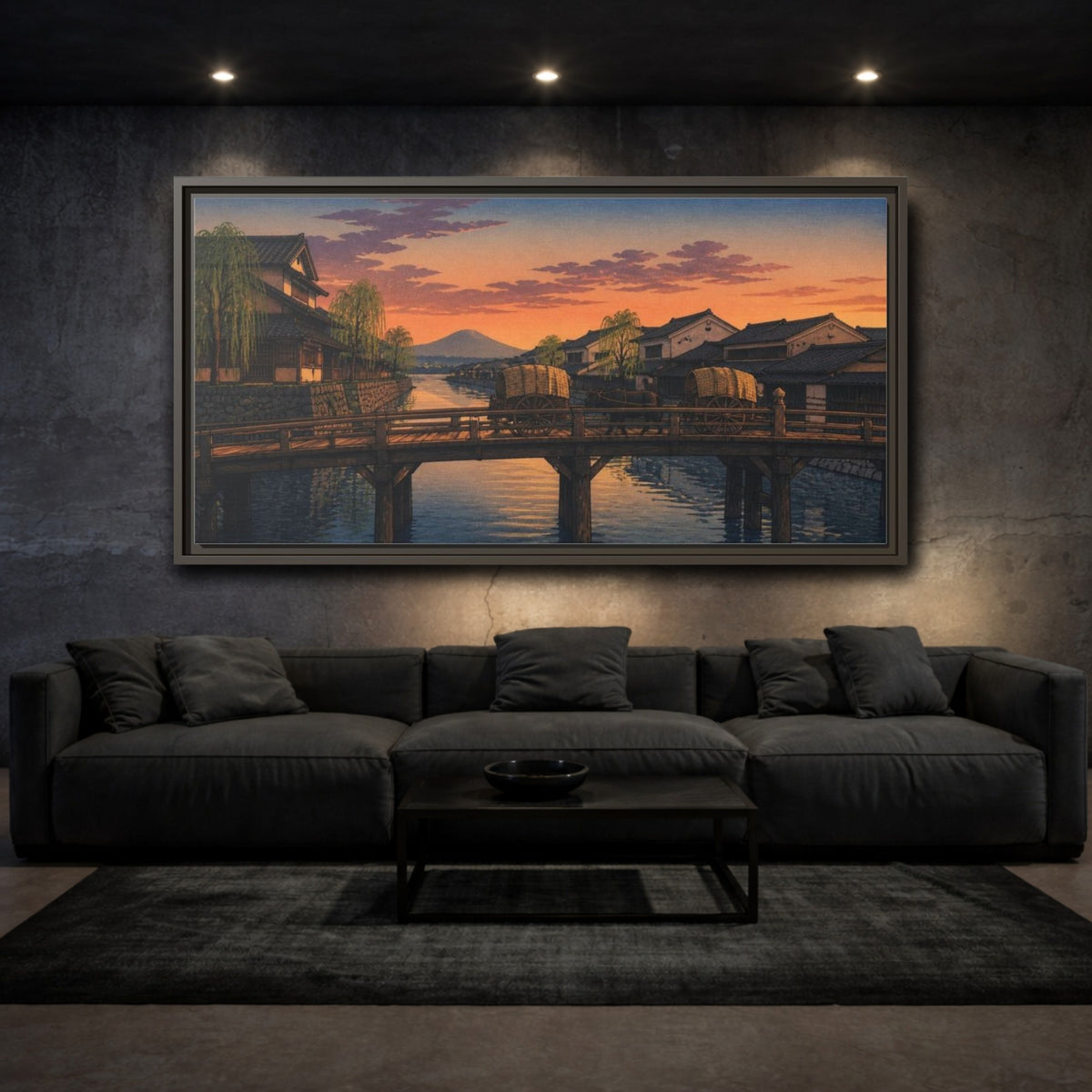 Mockup 3. Japanese Wooden Bridge At Dusk shown as framed canvas print