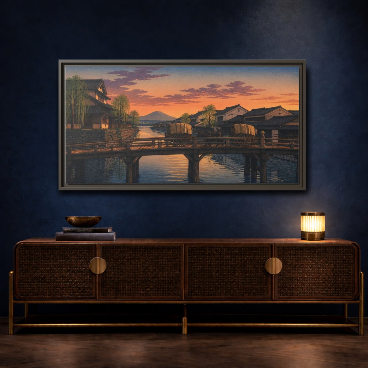 Mockup 4. Japanese Wooden Bridge At Dusk shown as framed canvas print