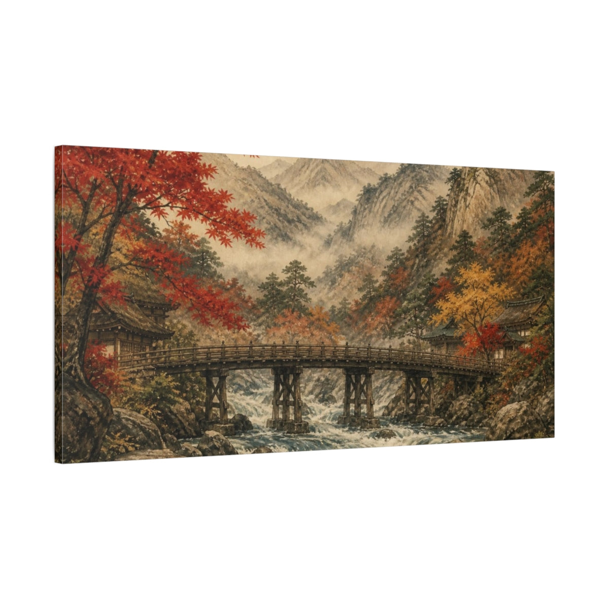 Main Mockup. Japanese Wooden Bridge In Autumn shown as canvas print