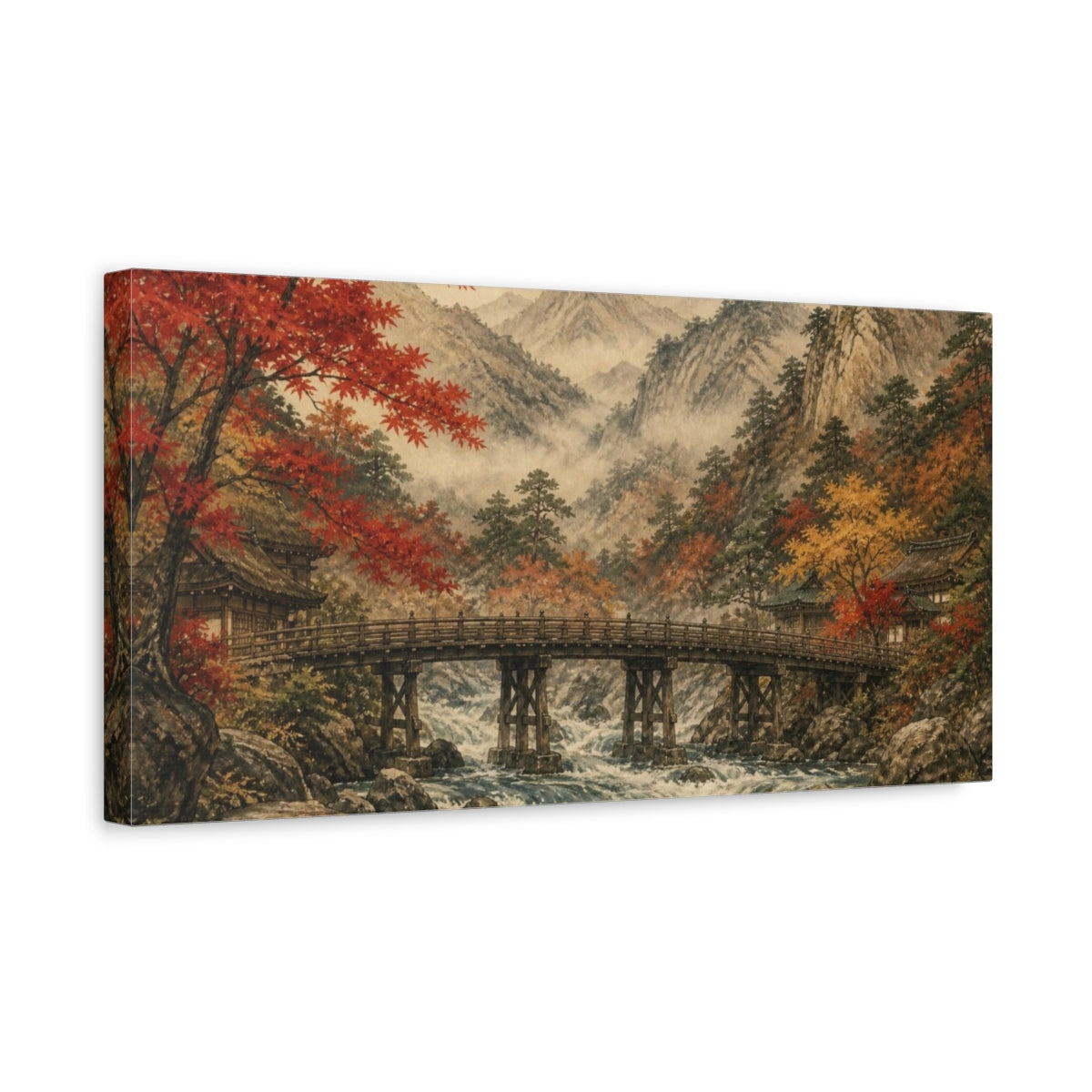 Side Mockup 3. Japanese Wooden Bridge In Autumn shown as canvas print