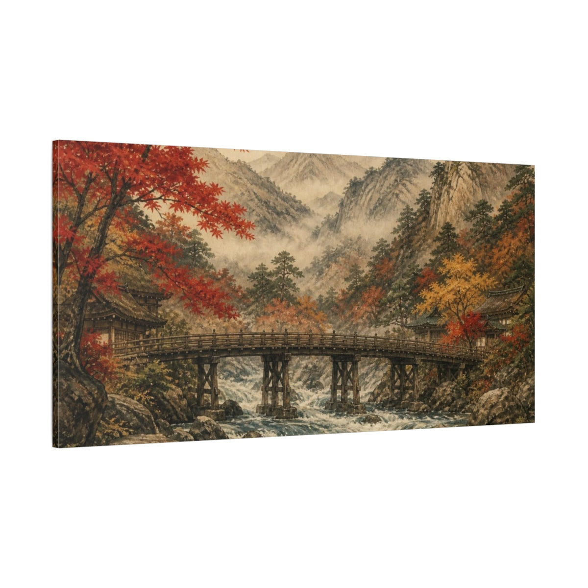 Side Mockup 2. Japanese Wooden Bridge In Autumn shown as canvas print