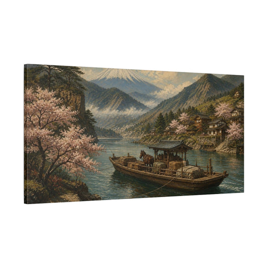 Main Mockup. Japanese Wooden Ferry At Fuji shown as canvas print