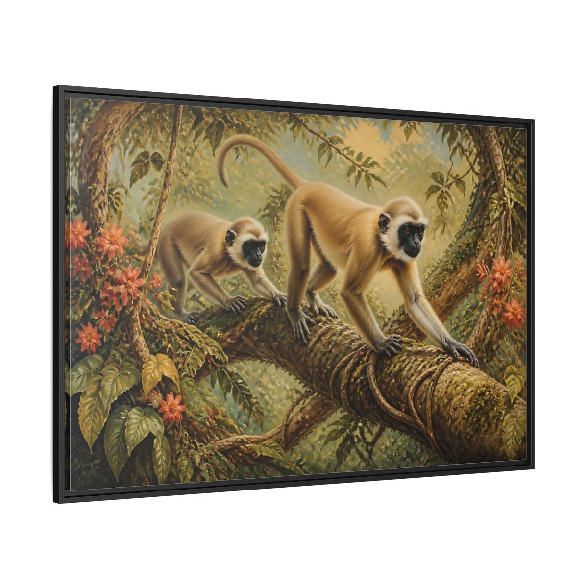 Side Mockup 12. Jungle Animals: Monkeys On Vine shown as framed canvas print