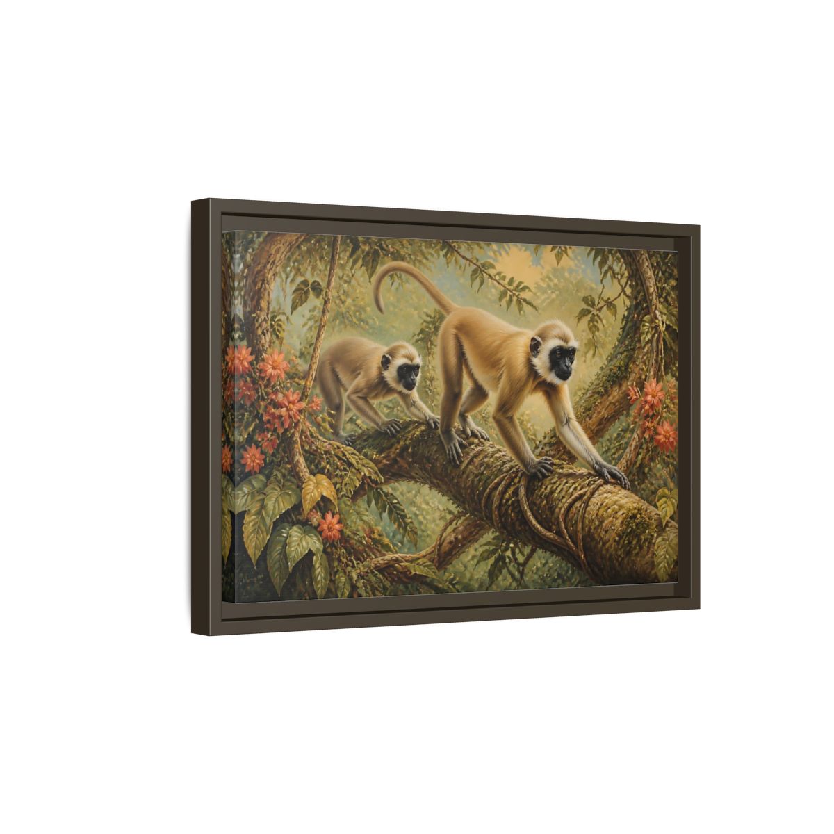Side Mockup 5. Jungle Animals: Monkeys On Vine shown as framed canvas print