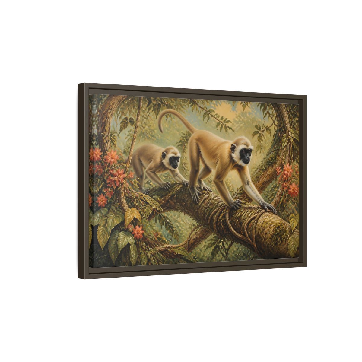 Side Mockup 2. Jungle Animals: Monkeys On Vine shown as framed canvas print
