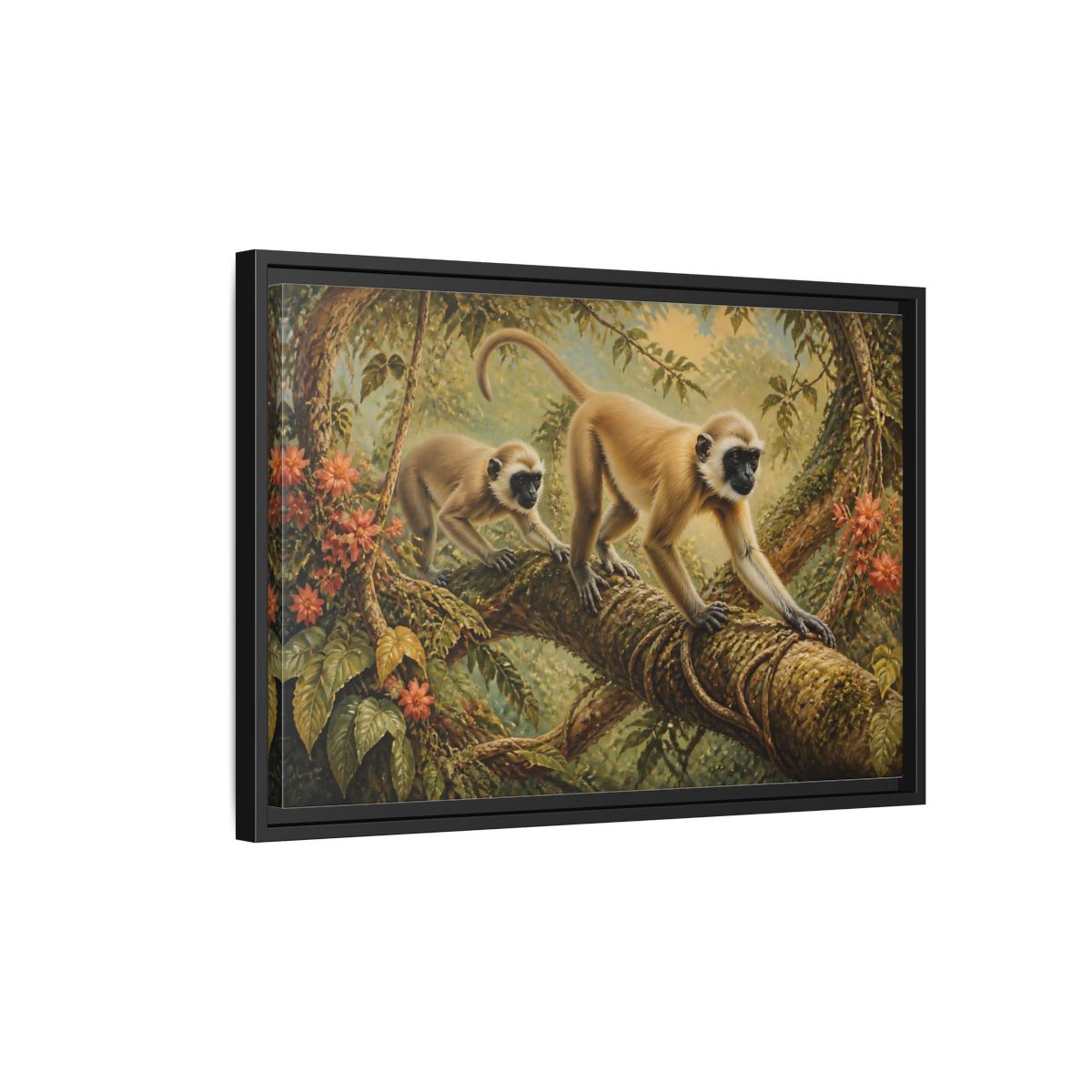Side Mockup 3. Jungle Animals: Monkeys On Vine shown as framed canvas print