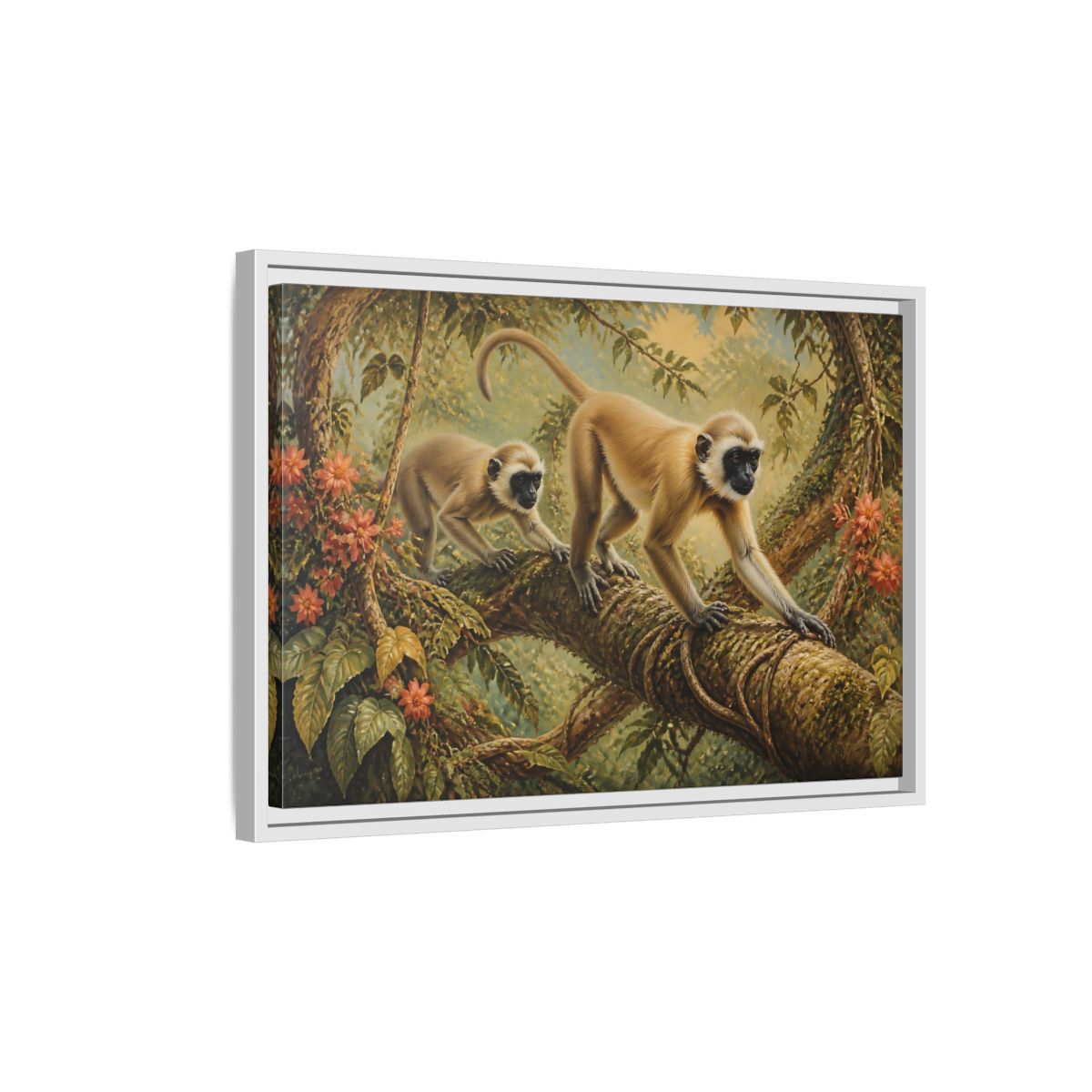 Side Mockup 1. Jungle Animals: Monkeys On Vine shown as framed canvas print