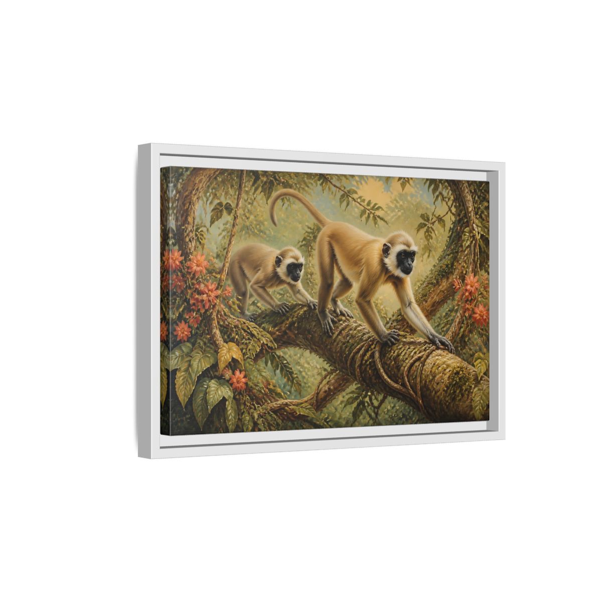 Side Mockup 4. Jungle Animals: Monkeys On Vine shown as framed canvas print