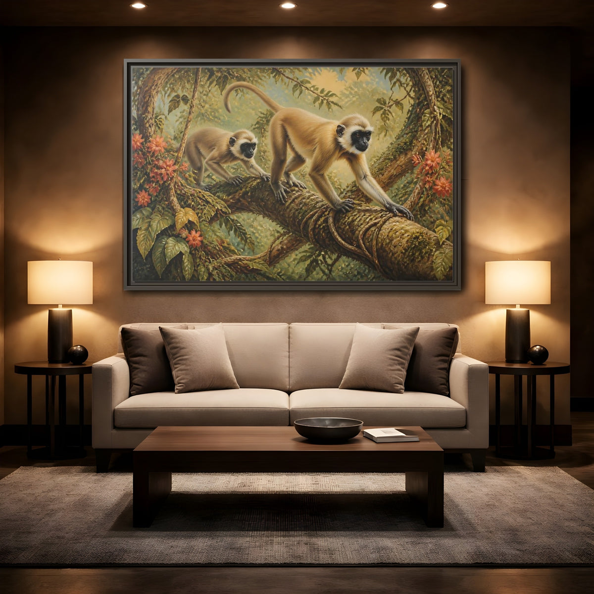 Mockup 2. Jungle Animals: Monkeys On Vine shown as framed canvas print