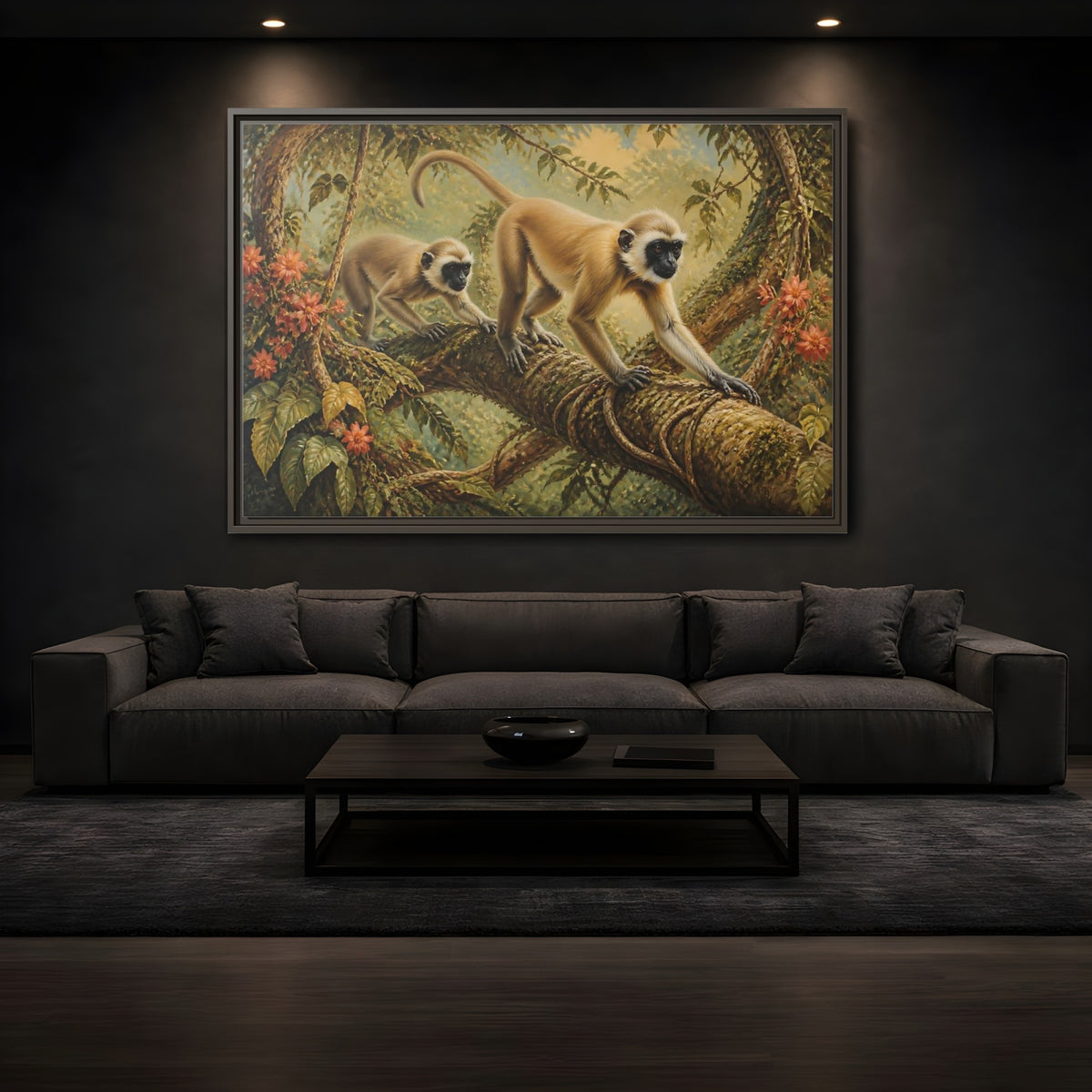Mockup 3. Jungle Animals: Monkeys On Vine shown as framed canvas print