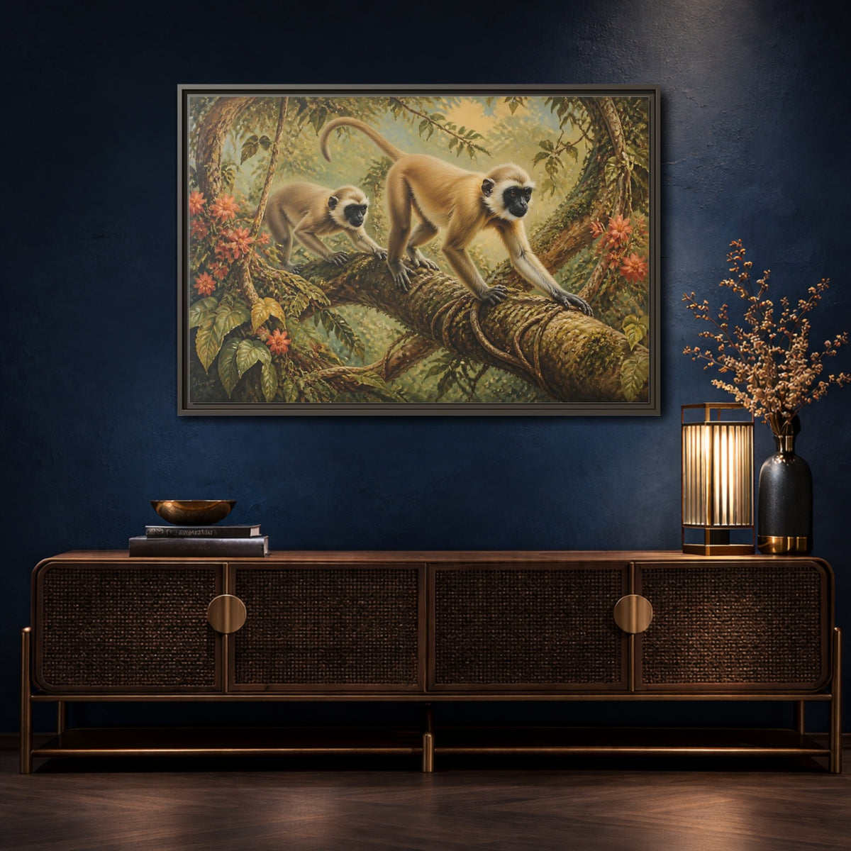 Mockup 4. Jungle Animals: Monkeys On Vine shown as framed canvas print