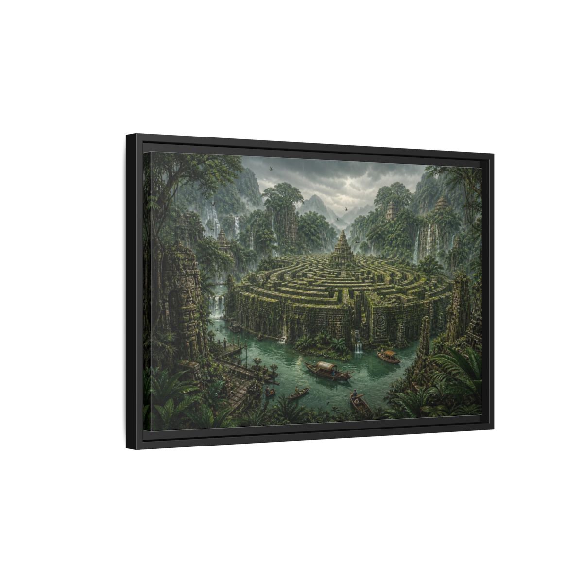 Side Mockup 3. Jungle Stone Labyrinth shown as framed canvas print