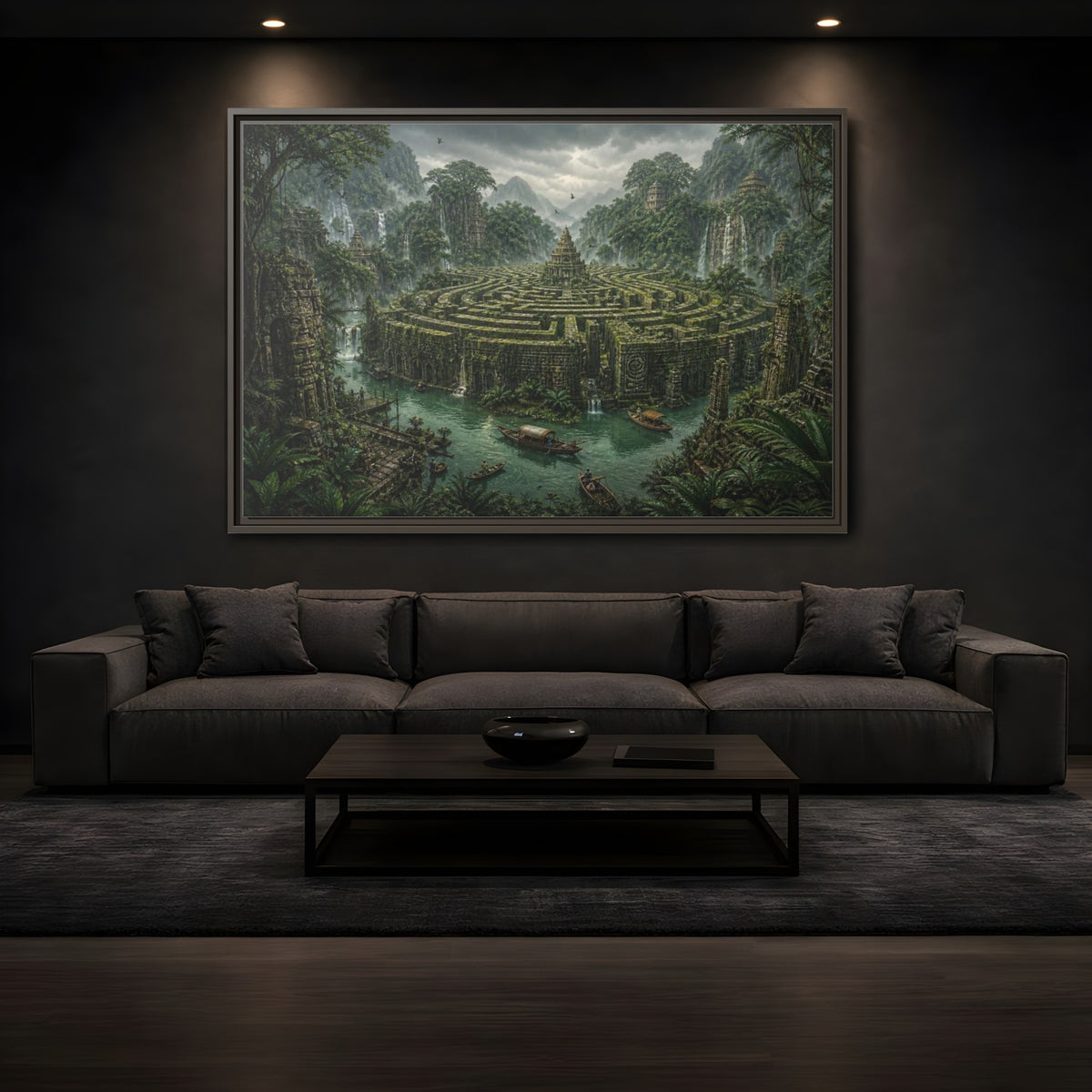 Mockup 3. Jungle Stone Labyrinth shown as framed canvas print