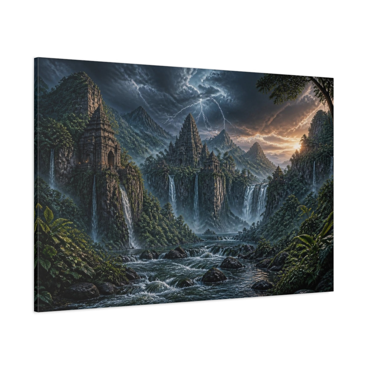 Side Mockup 1. Jungle Temple Landscape shown as canvas print