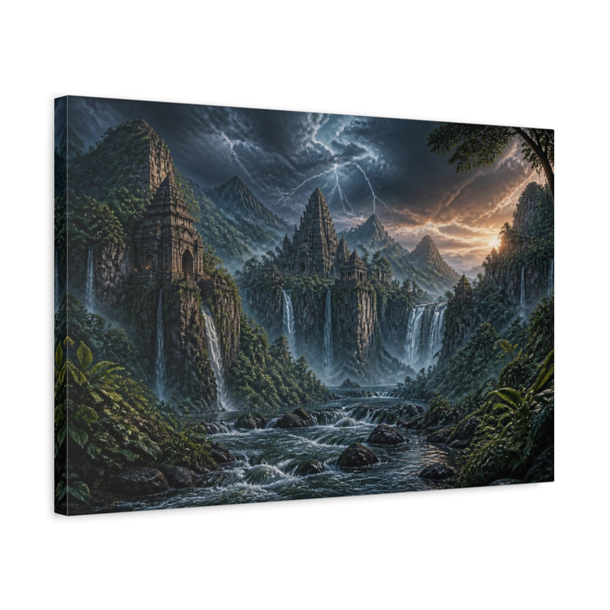 Side Mockup 3. Jungle Temple Landscape shown as canvas print