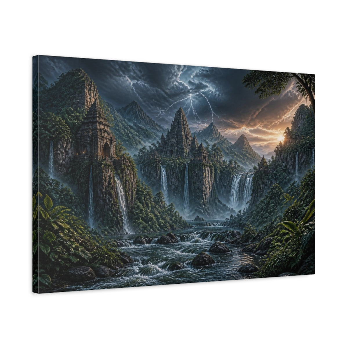 Side Mockup 2. Jungle Temple Landscape shown as canvas print