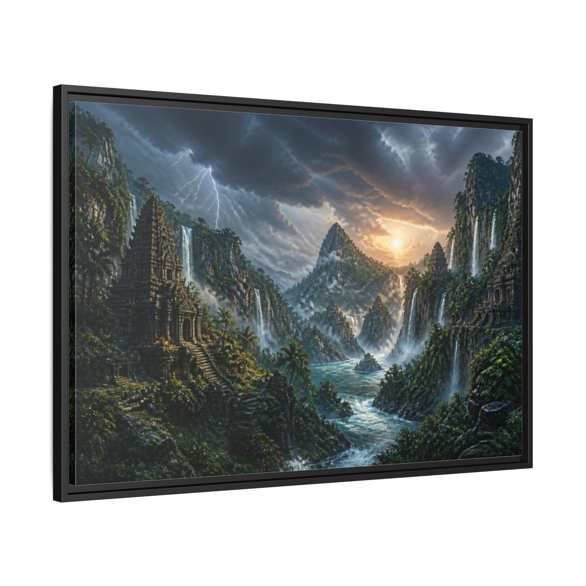 Side Mockup 13. Jungle Temple Landscape shown as framed canvas print
