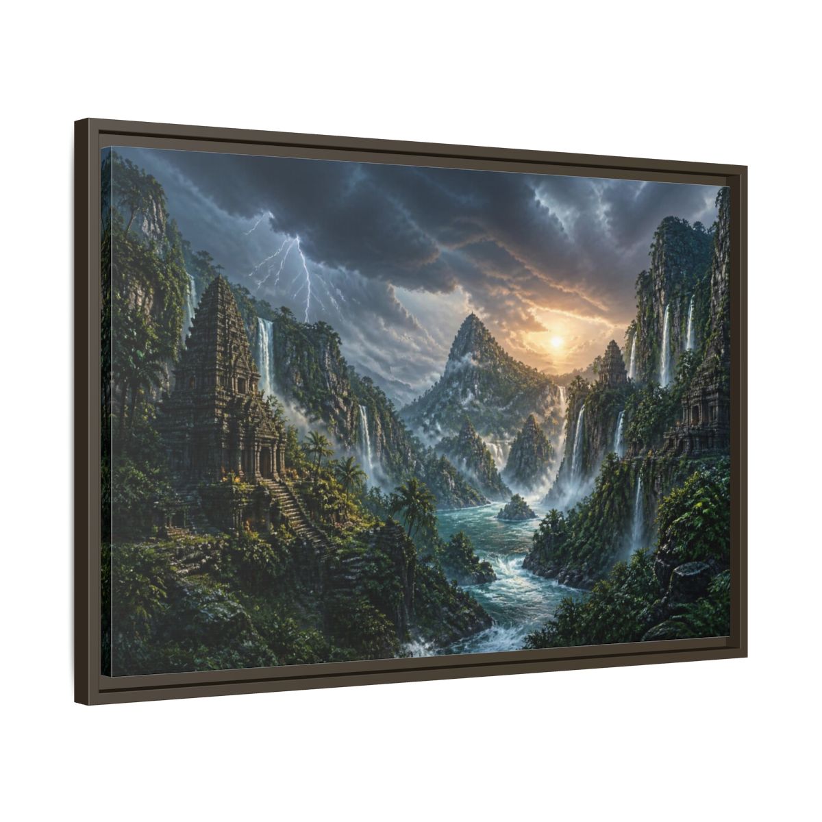 Side Mockup 11. Jungle Temple Landscape shown as framed canvas print