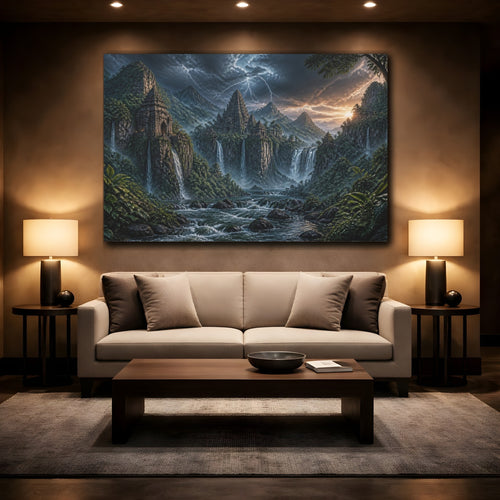 Mockup 2. Jungle Temple Landscape shown as canvas print