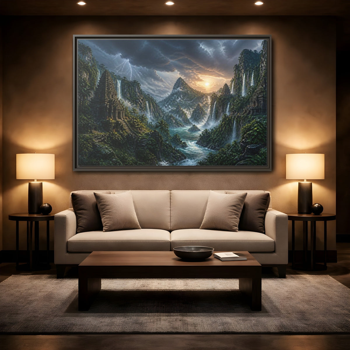 Mockup 2. Jungle Temple Landscape shown as framed canvas print