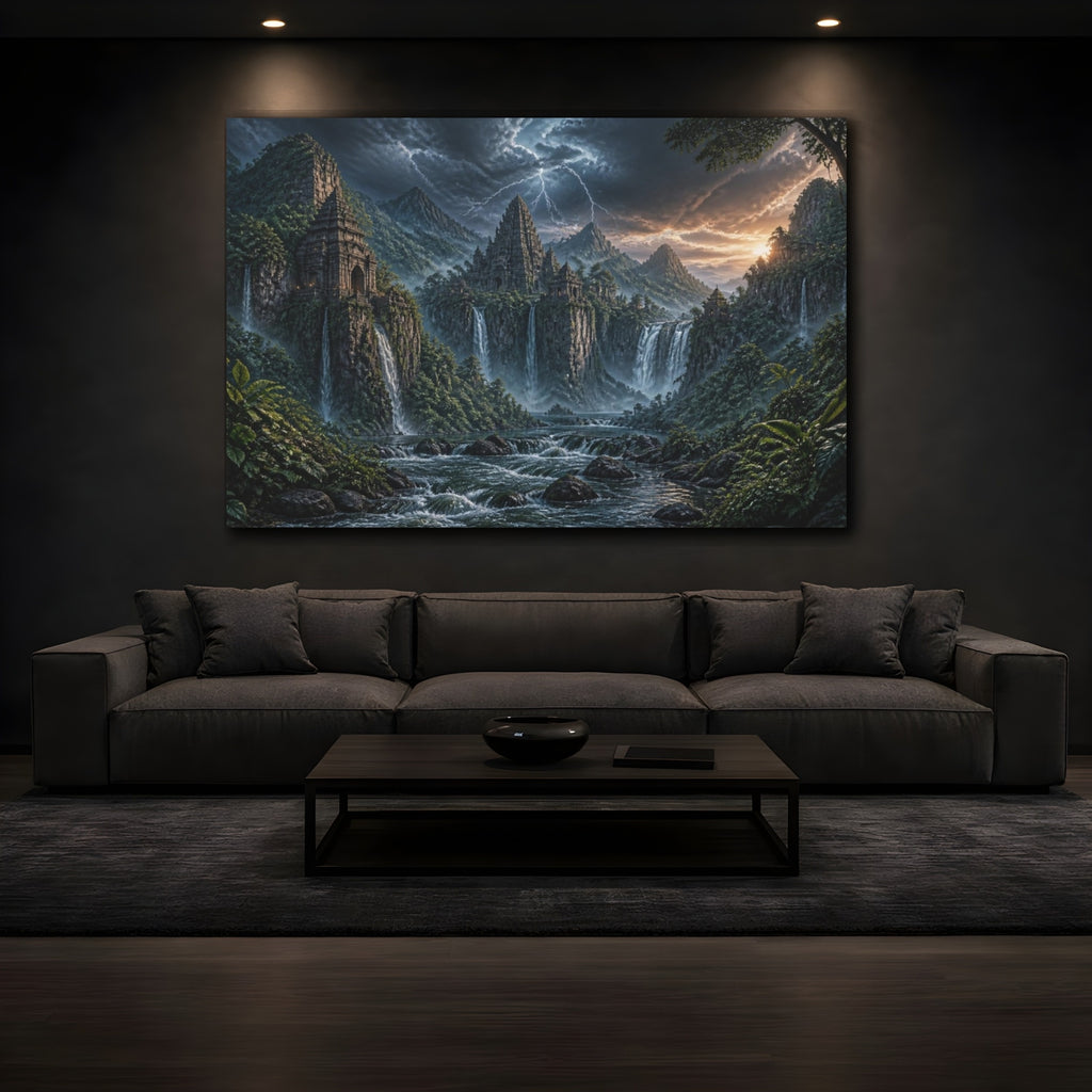 Mockup 3. Jungle Temple Landscape shown as canvas print