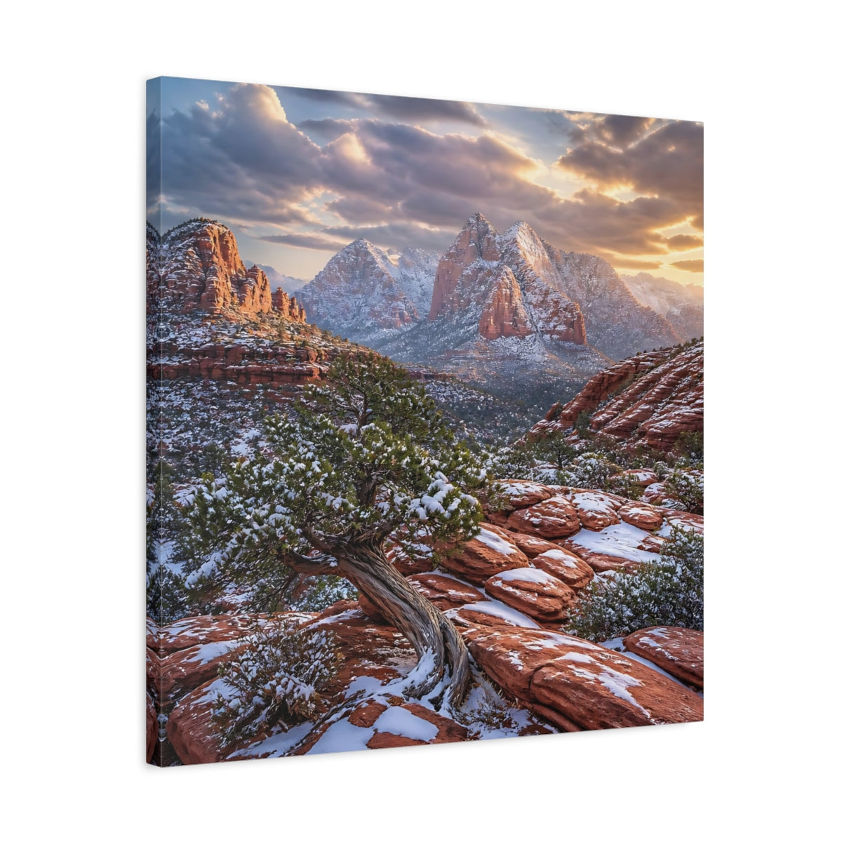 Side Mockup 4. Juniper Tree Landscape shown as canvas print