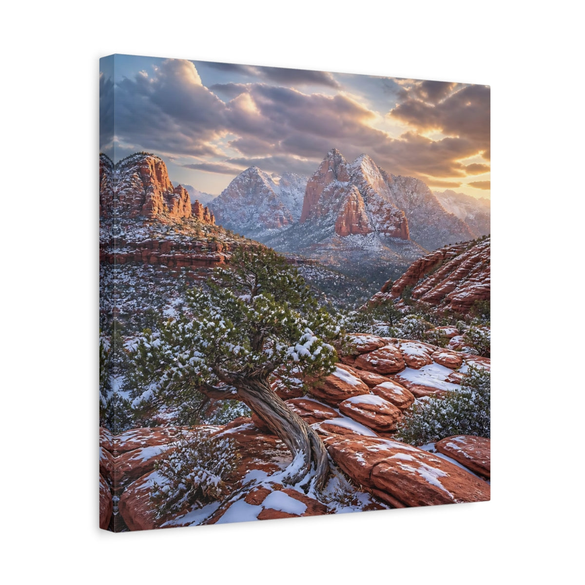Side Mockup 6. Juniper Tree Landscape shown as canvas print