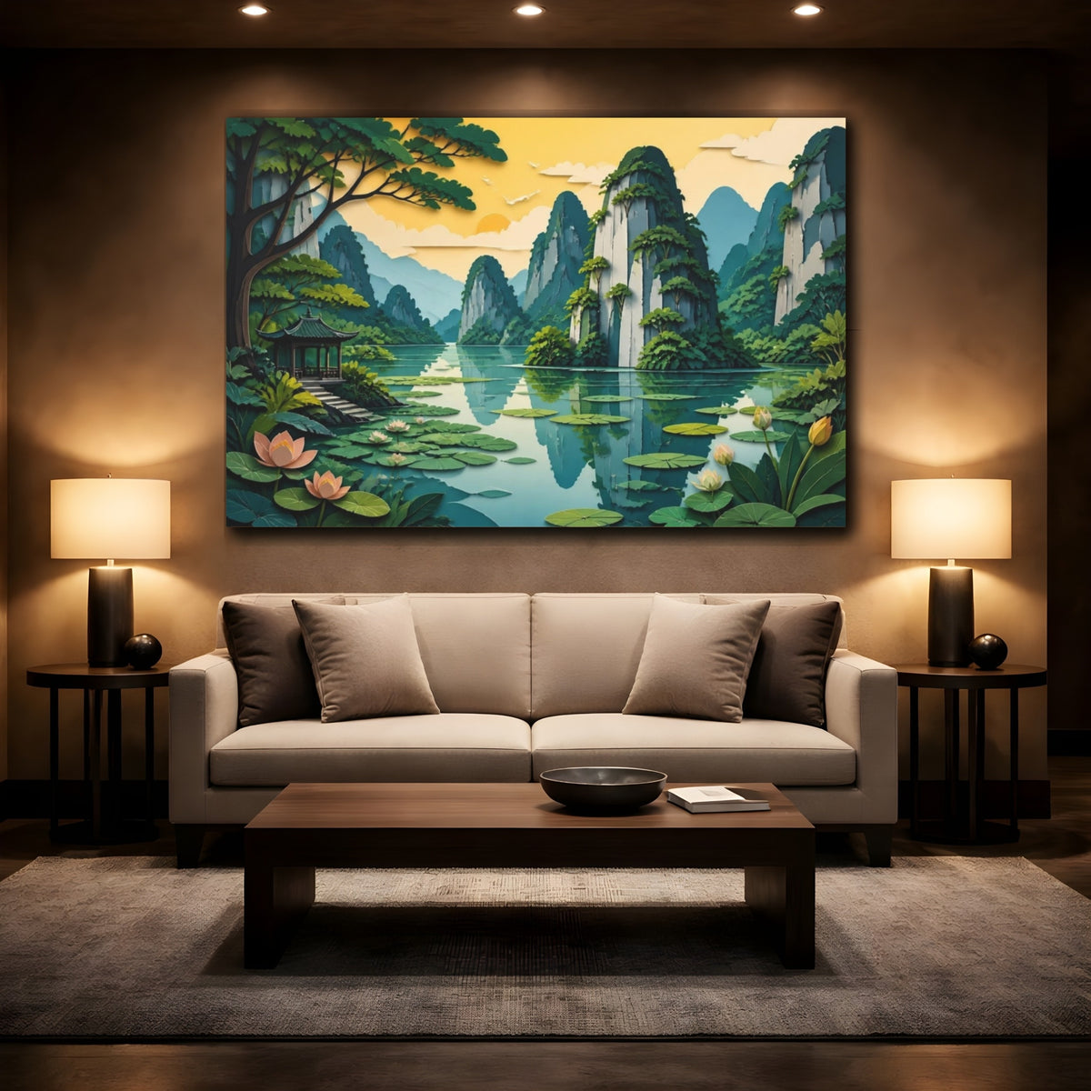 Mockup 2. Karst Landscape With Lotus shown as canvas print