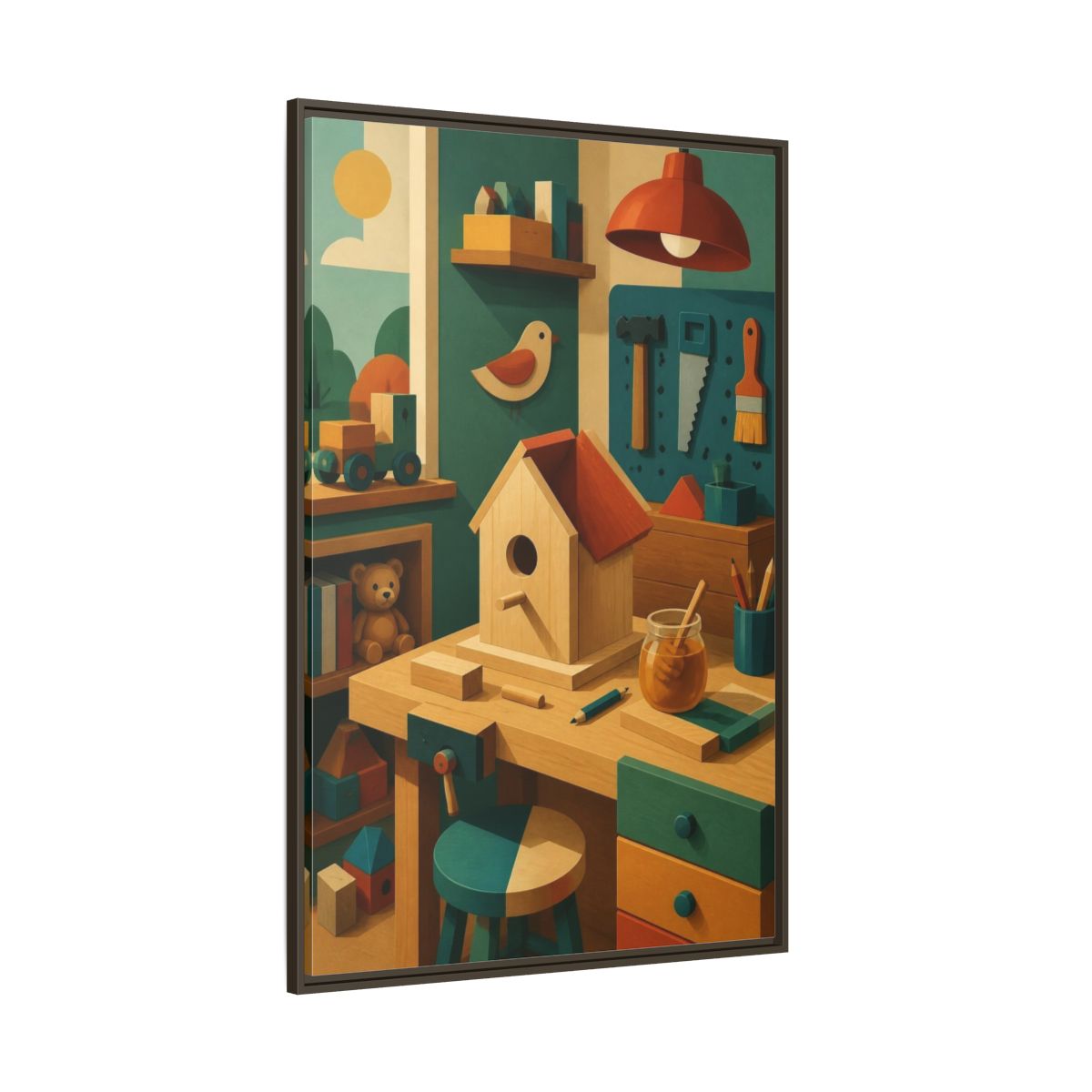 Side Mockup 8. Kids Birdhouse Workshop shown as framed canvas print