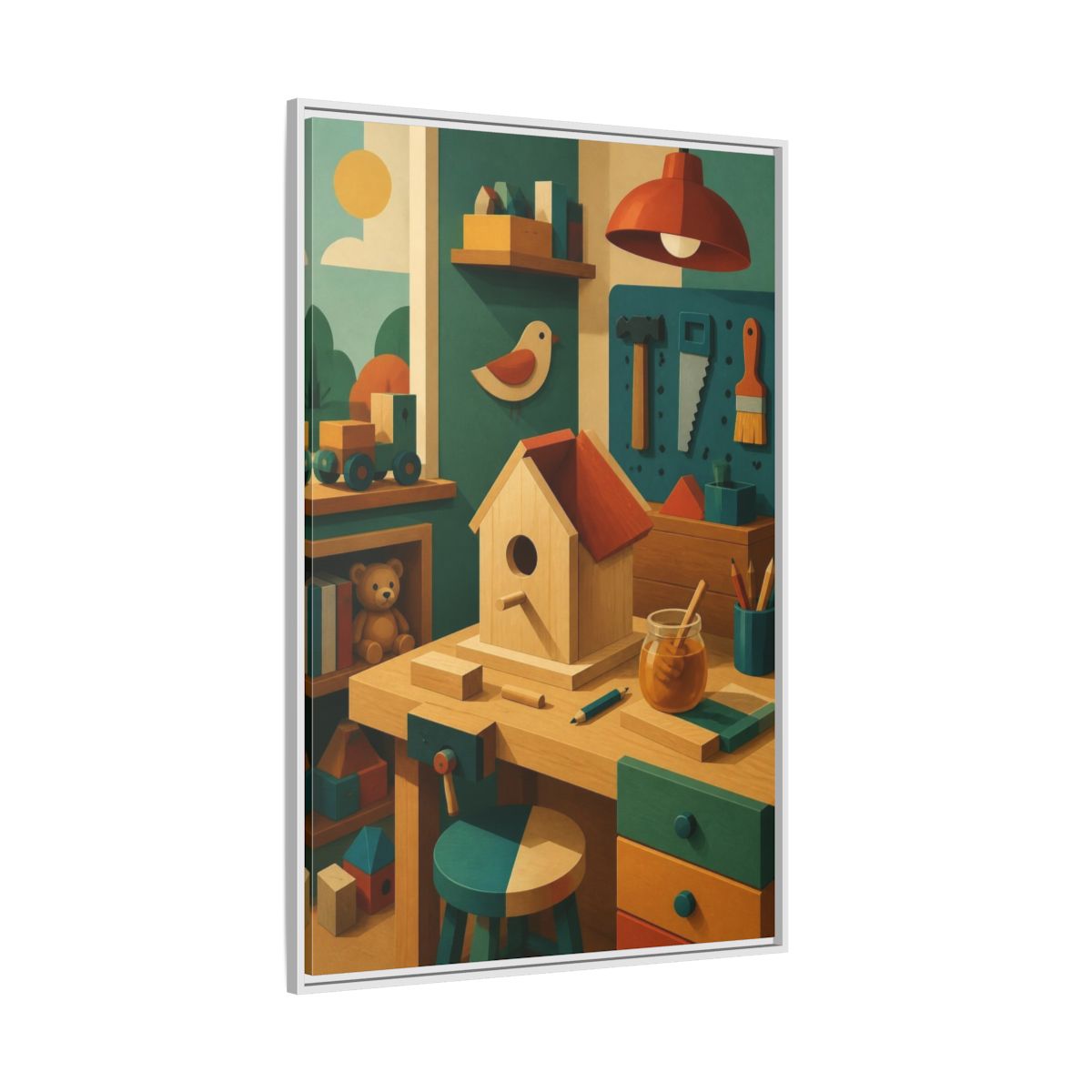 Side Mockup 7. Kids Birdhouse Workshop shown as framed canvas print