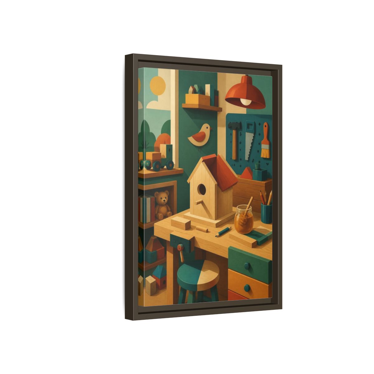 Side Mockup 5. Kids Birdhouse Workshop shown as framed canvas print