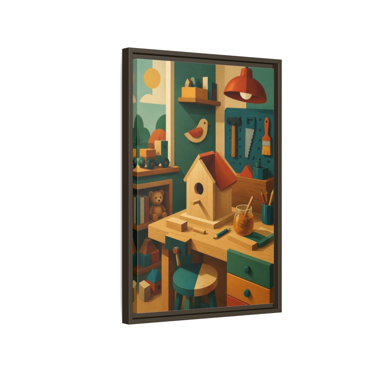 Side Mockup 2. Kids Birdhouse Workshop shown as framed canvas print