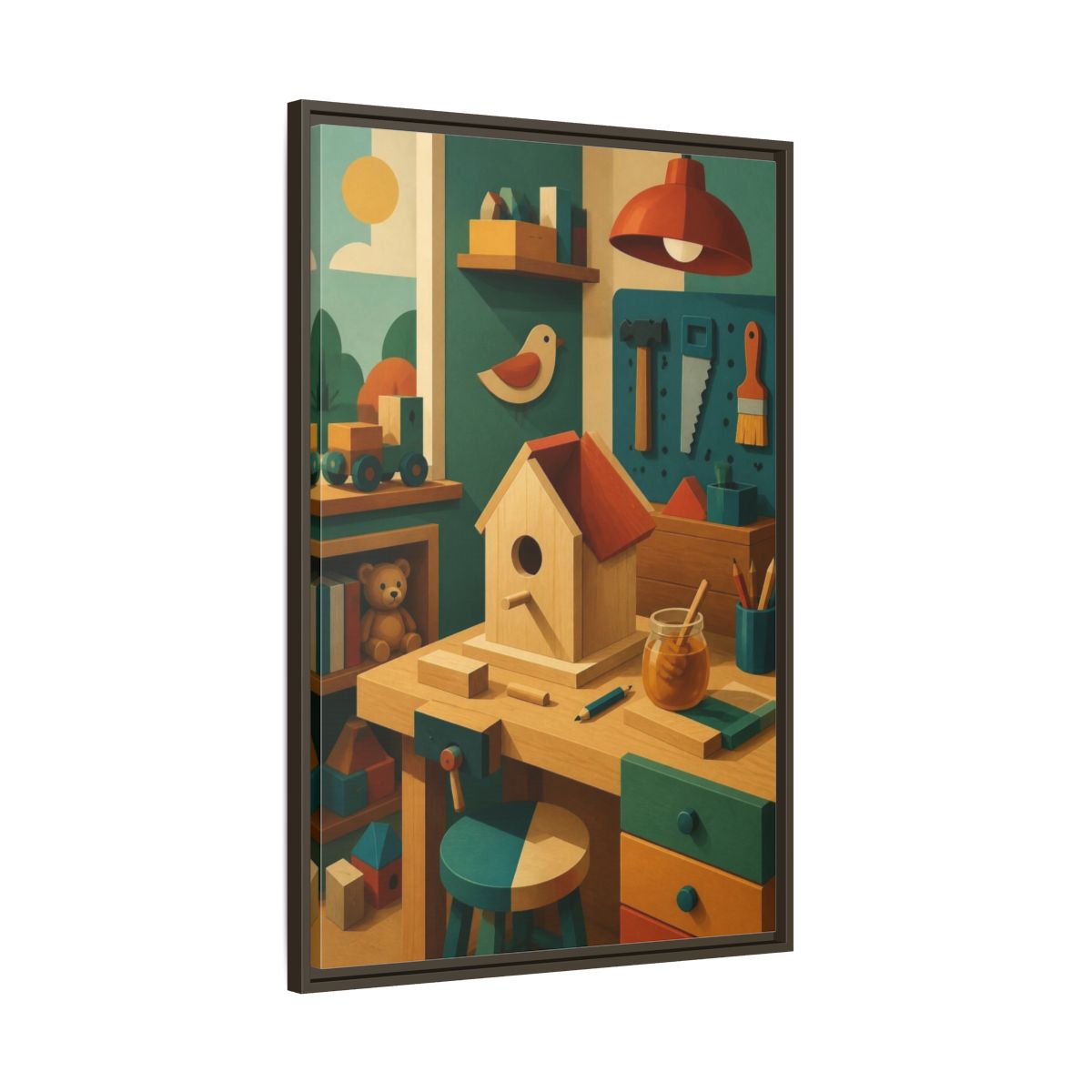 Main Mockup. Kids Birdhouse Workshop shown as framed canvas print