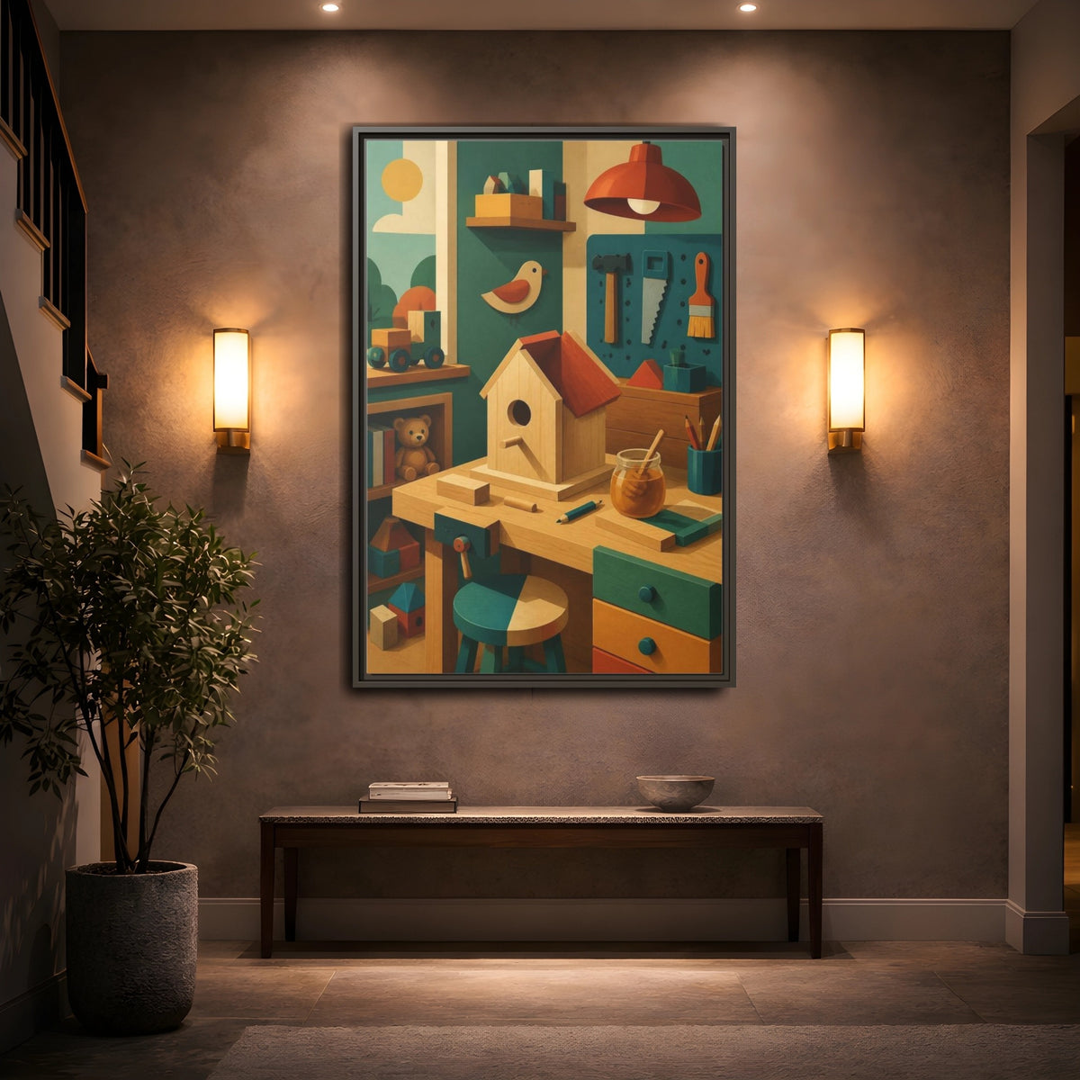 Mockup 2. Kids Birdhouse Workshop shown as framed canvas print