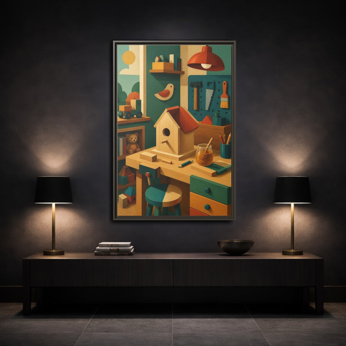 Mockup 3. Kids Birdhouse Workshop shown as framed canvas print