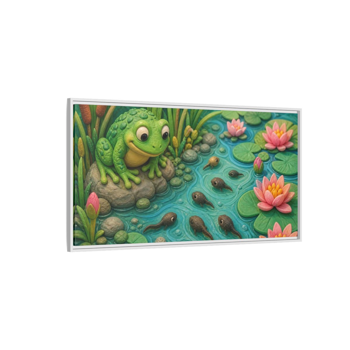 Side Mockup 3. Kids Frog Pond shown as framed canvas print