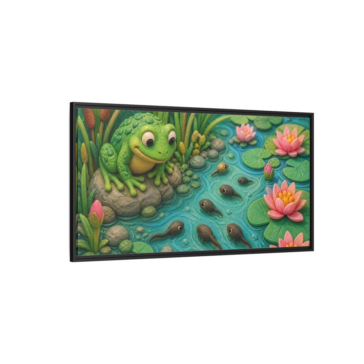 Side Mockup 5. Kids Frog Pond shown as framed canvas print