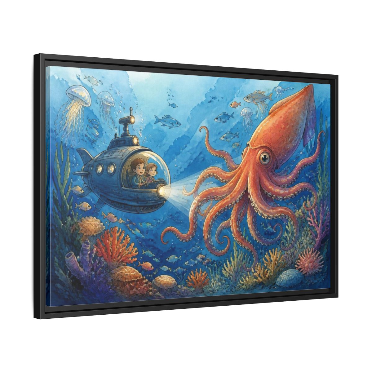 Side Mockup 14. Kids Giant Squid Adventure shown as framed canvas print