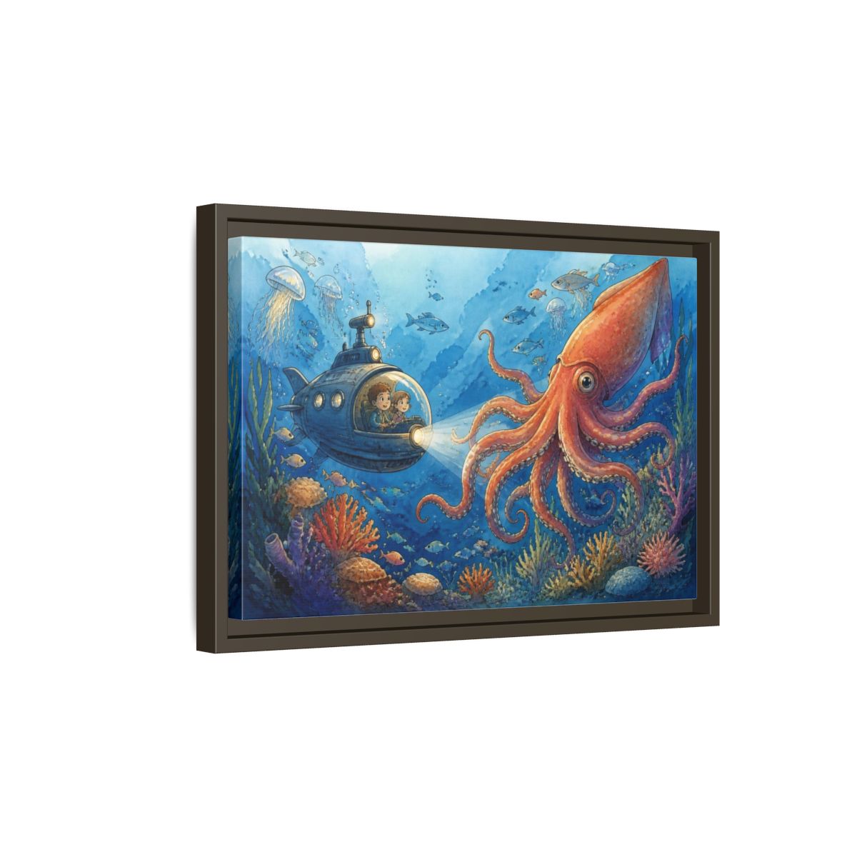 Side Mockup 5. Kids Giant Squid Adventure shown as framed canvas print