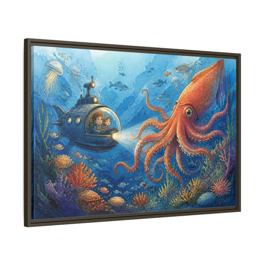 Main Mockup. Kids Giant Squid Adventure shown as framed canvas print