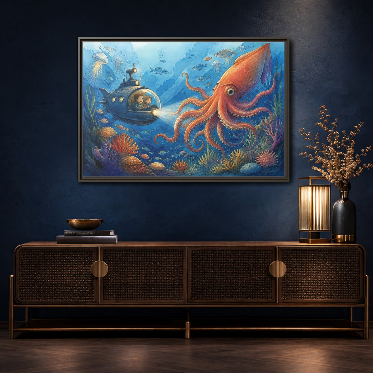 Mockup 4. Kids Giant Squid Adventure shown as framed canvas print