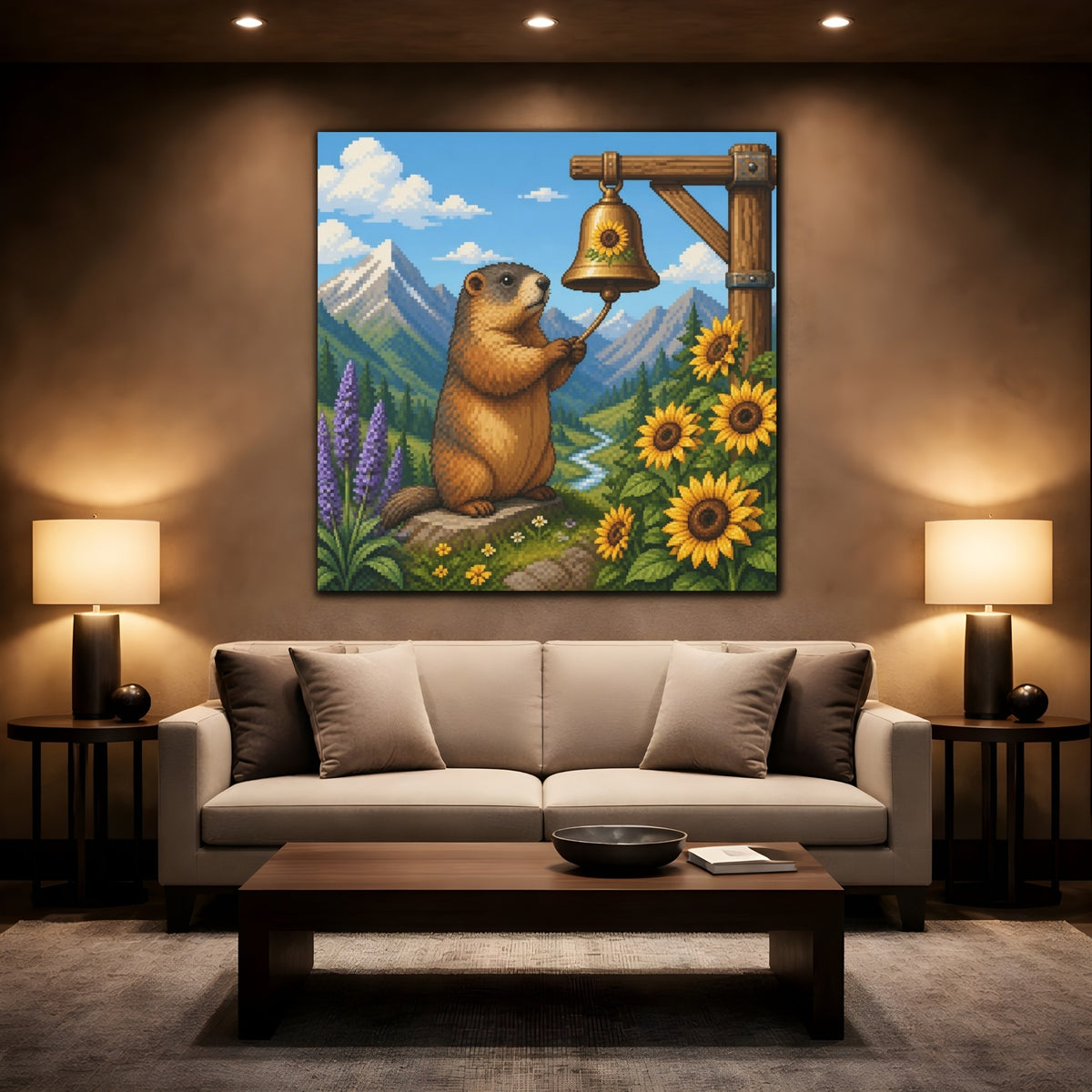 Mockup 2. Kids Marmot Ringing Bell shown as canvas print